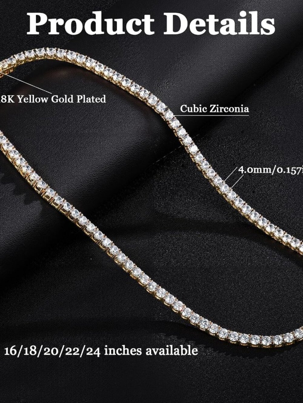 4.0mm CZ Tennis Necklace, 18K White/Yellow Gold Plated 4.0mm Round Cubic Zirconi - Picture 4 of 8